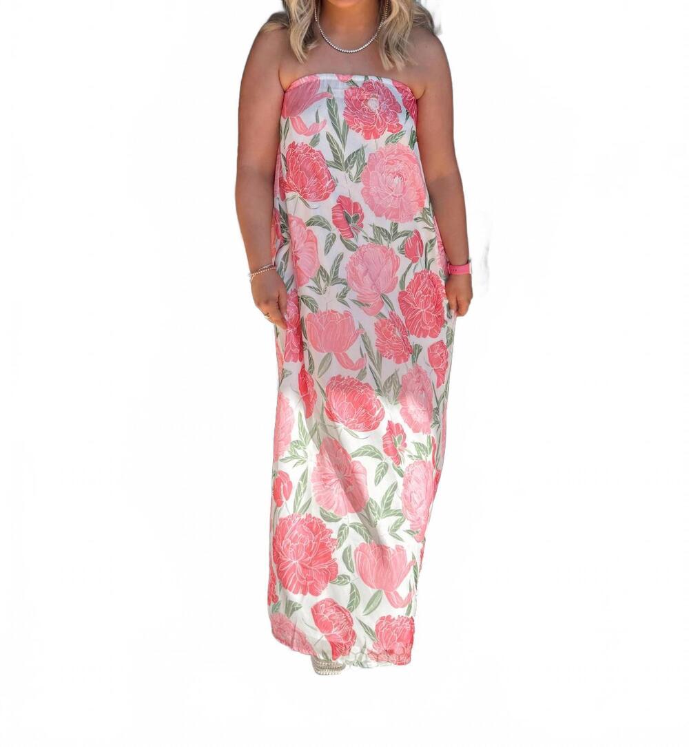NEW TCEC strapless floral maxi dress in pink peony